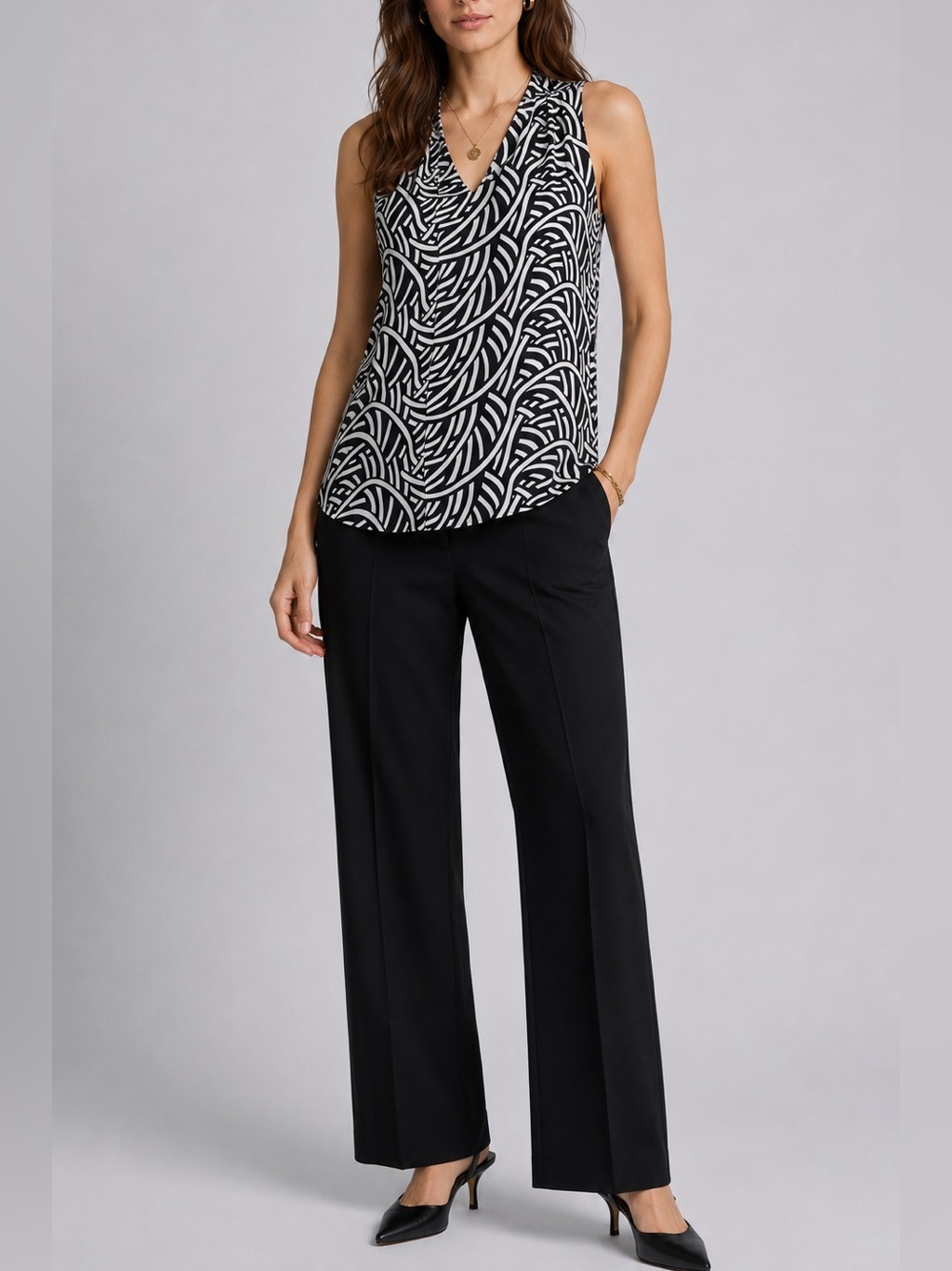 Banana Republic Black and White Graphic Tie-Neck Top